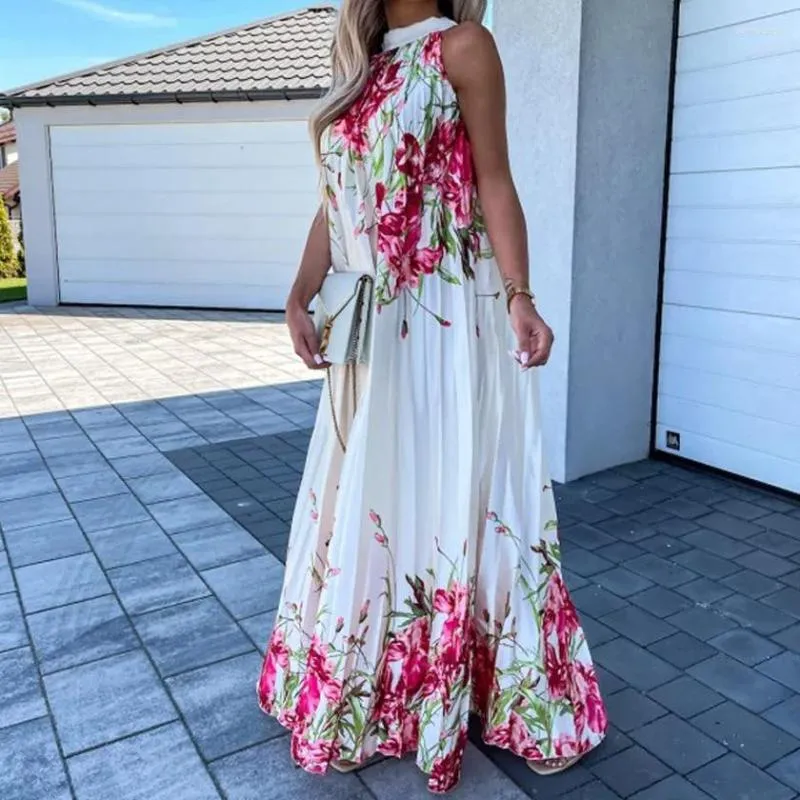 Casual Dresses Y2k Langes Plissee Kleid Frauen Blumendruck Strand Sexy Hohe Taille Lose Halter Prom Urlaub Maxi Sommer Vestidos