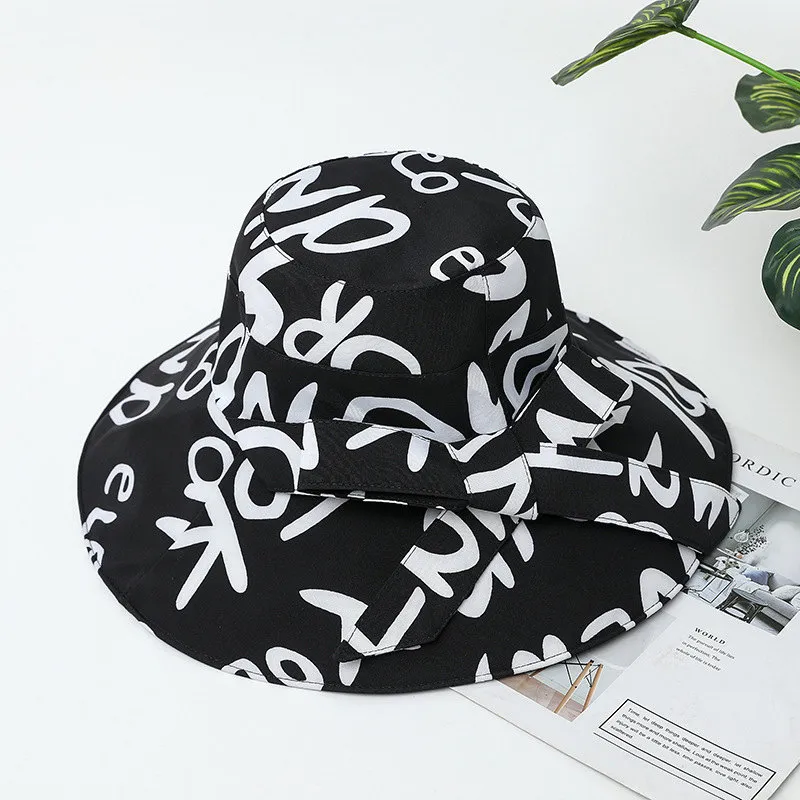 2022 Fashion Big Brim Bucket Hat Justerbara damer Hip Hop Graffiti Bow Panama Fiske Spela STAND SUN CAP