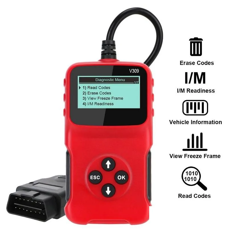 Strumenti diagnostici V309 Strumento Obd2 Lettore di codici per auto Scanner Display Lcd Controlla il motore Fat Interface Scanner Accessori Drop Delivery Mo Dhzvu