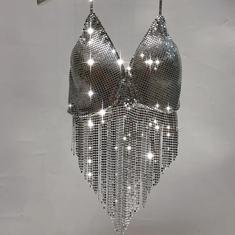 Odzież sceniczna Super ciężki przemysł moda seksowny metalowy aluminiowy błyszczący kawałek biustonosz bluzka noc taniec na rurze kostium z frędzlami