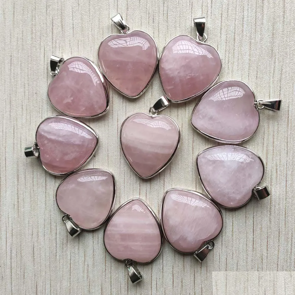 Charms Trendy Natural Rose Quartz Stone Sier Sided Heart Pendants 25Mm Para Collares Fabricación de Joyas Venta al por mayor Drop Delivery Hallazgos Dh7Je