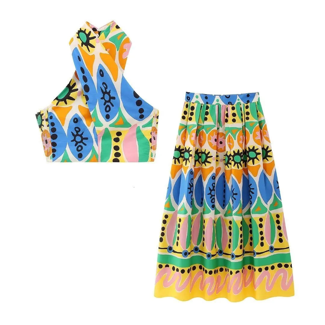 Tweedelige jurk damesset kleding zomermode stijlvolle prints halter crop top en midi rok 230630
