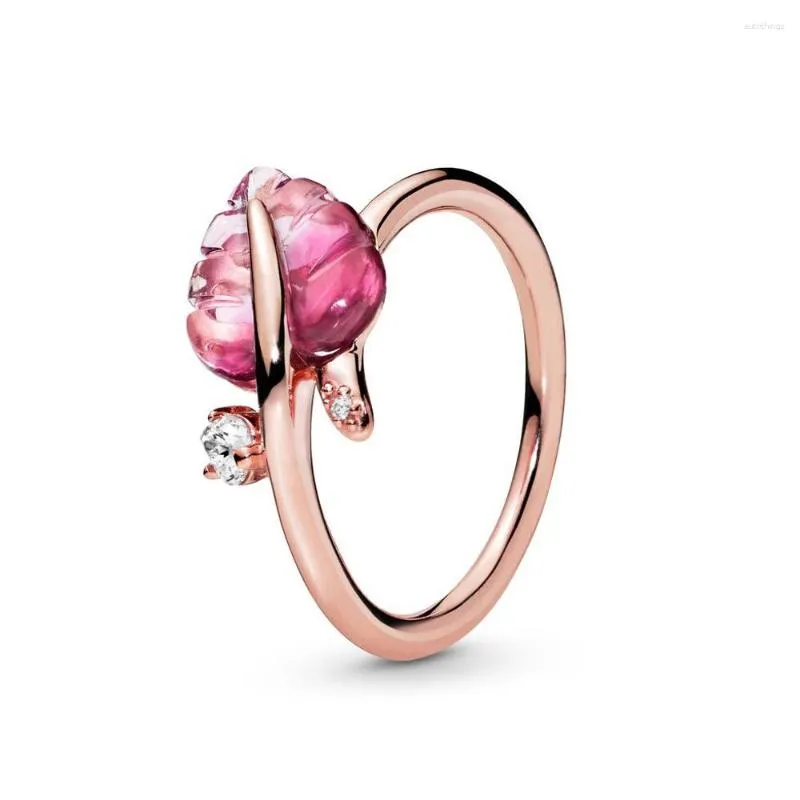 Cluster Rings Authentic 925 Sterling Silver Pink Murano Glass Leaf Fashion Ring For Women Gift DIY Jewelry