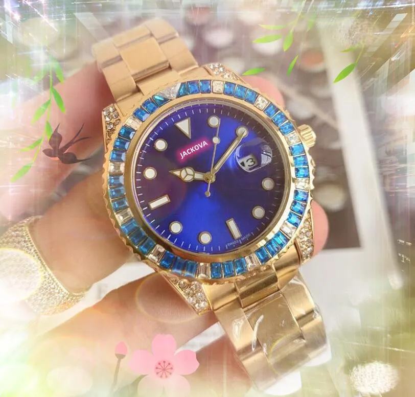 Üst Japonya Kuvars Hareket Erkekler 41mm Otomatik Tarih Shinning Rainbow Diamonds Yüzük Saati Katı İnce Paslanmaz Çelik Bant Popüler Beyefendi Günü Hediyeler