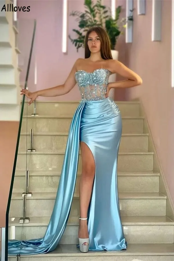 Light Sky Blue Arabic Aso Ebi Prom Dresses Sweetheart Lace Appliqued Crystal Beaded Mermaid Evening Gowns Peplum Corset Ruched Side Split Formal Party Wear CL2001