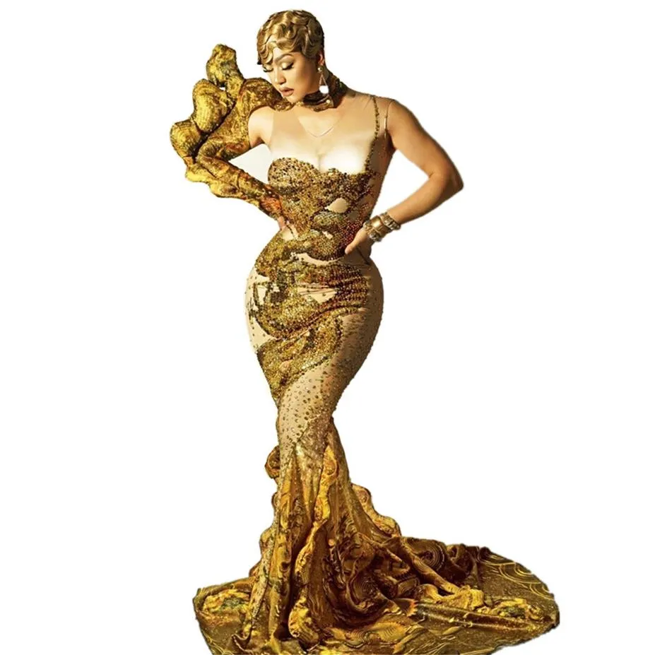 Balo Salonu Işıltılı Rhinestones Gold Dragon Desen Zemin Uzunluğu Kuyruklu Denizkızı Elbise Akşam Partisi Şarkıcı Host Model Podyum Sahne 245a