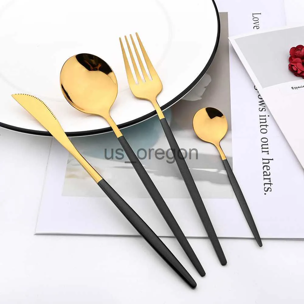 Dinnerware Sets Drmfiy Black Gold Dinnerware Set Stainless Steel Cutlery Set Fork Knife Soup Dessert Ice Spoon Complete Dinner Western Flatwar x0703