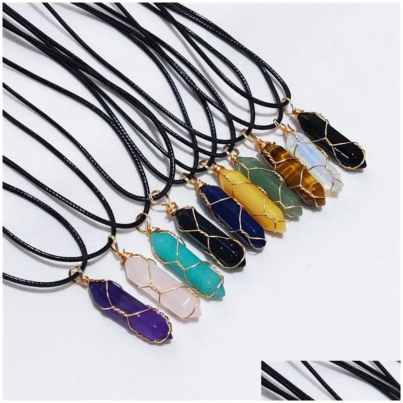 Hänge halsband försäljning snidande hexagon prism sten reiki healing crystal tiger eye rose kvarts opal aventurines halsband för kvinnor j dh3st