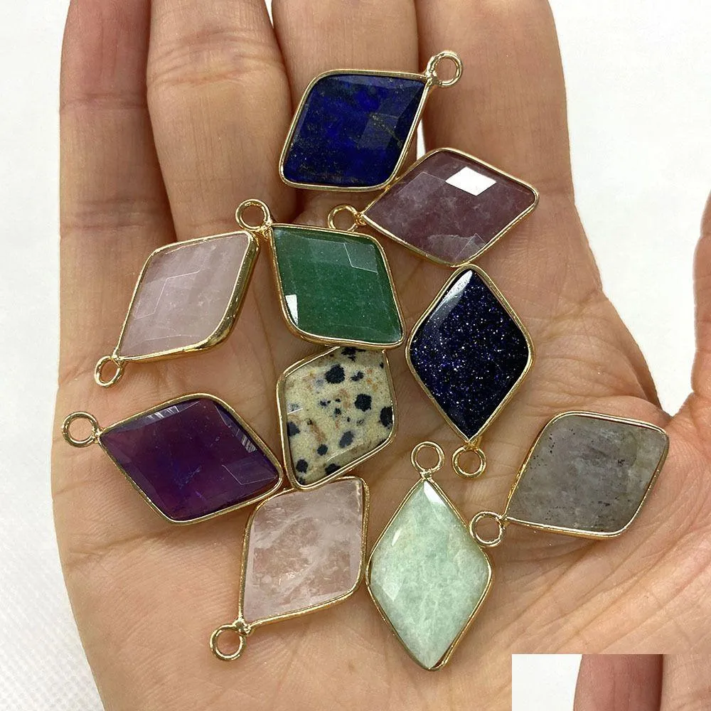 Charms 15X25Mm Natural Crystal Stone Rhombus Green Blue Rose Quartz Pendants Gold Edge Trendy For Necklace Earrings Jewelry Making D Dhmqi
