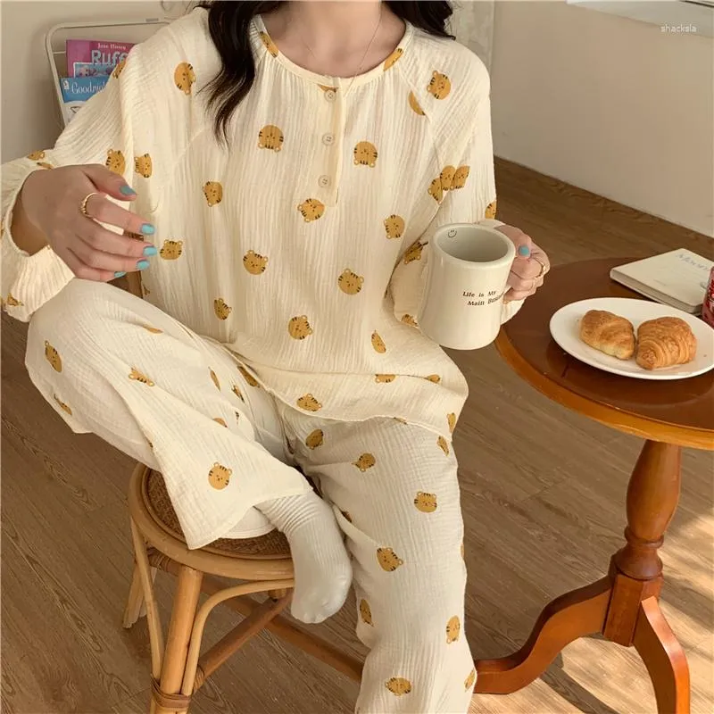 Roupa de dormir feminina outono inverno conjunto de pijama feminino algodão gaze calças terno roupas para casa 2 pçs urso estampa de desenho animado pulôver manga longa pijama