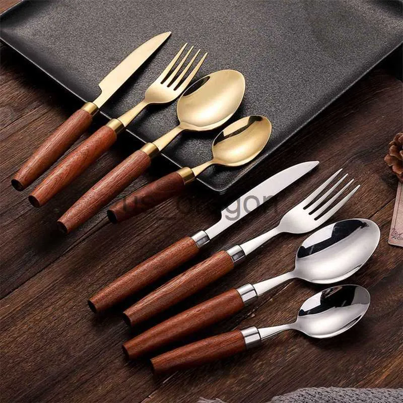 Geschirr-Sets, westliches Besteck-Set, Messer, Gabel und Löffel, Holzgriff, Steakmesser und Gabel, Löffel, 304 Edelstahl, Geschirr, Küche, Bar x0703