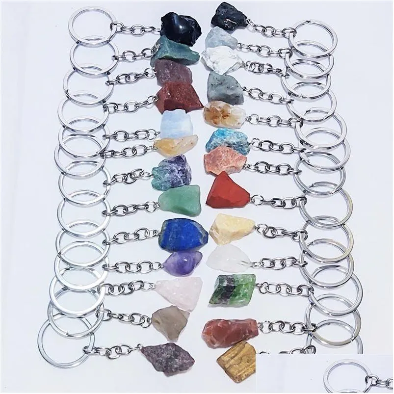 Biegły breloki smyczy reiki leczenie kamień naturalny czakra ametyst różowy róży kryształowy Klucz Keyrings Women Men Men Jewelry Drop dostarczenie dhhjt