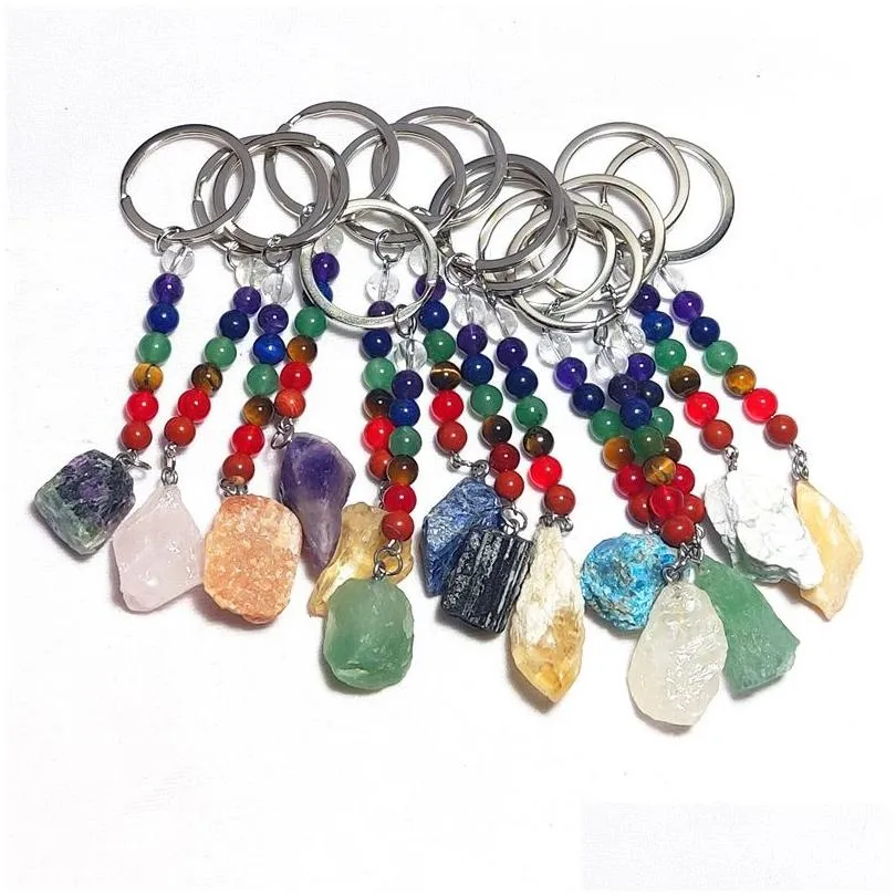 Keychains Lanyards Irregar Ore Stone Nyckelringar 7 Färger Chakra Pärlor Kedjor Gem Charms Healing Crystal Keyrings For Women Män släpper DHKBS