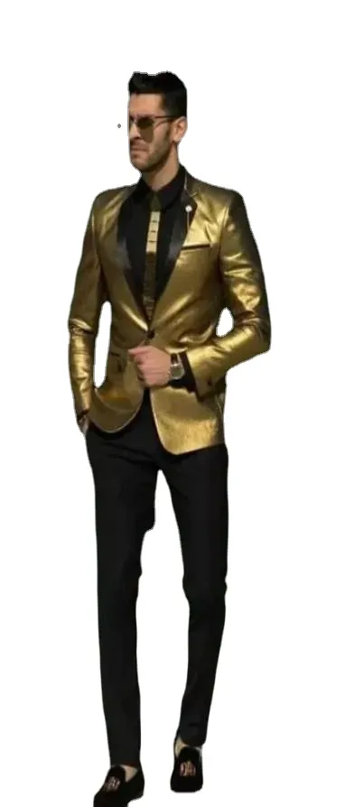 Mode Shining Gold Bröllopsdräkter för män Billiga Smoking Slim Fit Brudgumskläder Bröllopssmoking för män Jacka Byxor