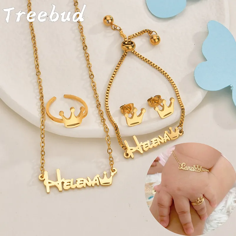 Pendant Necklaces Treebud Custom Baby Name Jewelry Set Stainless Steel Personalized Necklace Ring Bracelet Earring Kids Gifts 230703