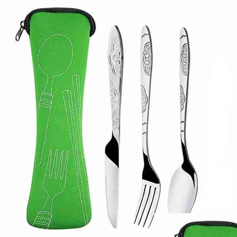 Flatware Sets Portable Set With Zipper Bag Outdoor Travel Cam Recyclable Cutlery Pouch Forks Spoon Knife Dinnerware Kit Drop Deliver Dhped