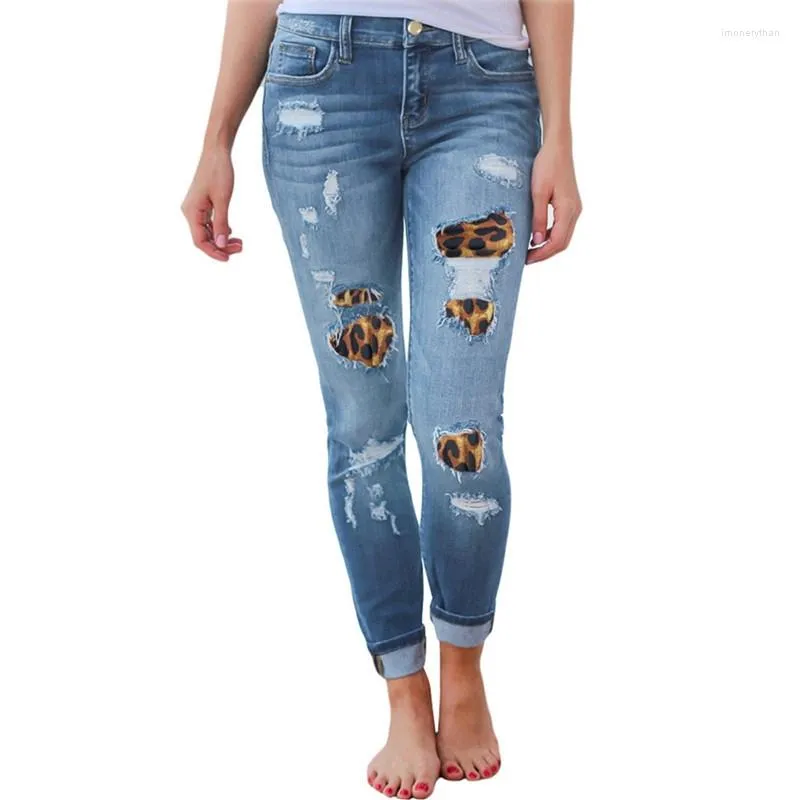 Jeans femme taille haute pour femmes mode Slim trou léopard Patchwork Long Sexy déchiré Denim pantalon Push Up petit ami