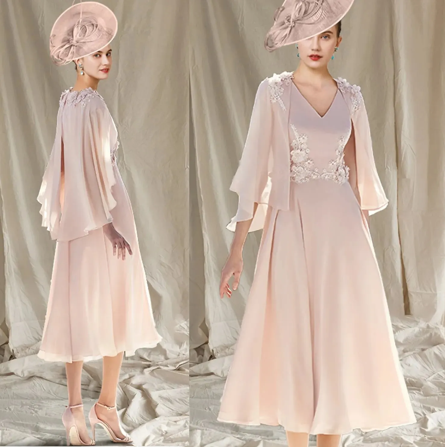 Elegant Two-Piece Mother of the Bride Dress - A-Line Chiffon Tea Length, V- Neck Wedding Guest Outfit with Floral Wrap from Dhgate Mothers Dresses -  price 125.63