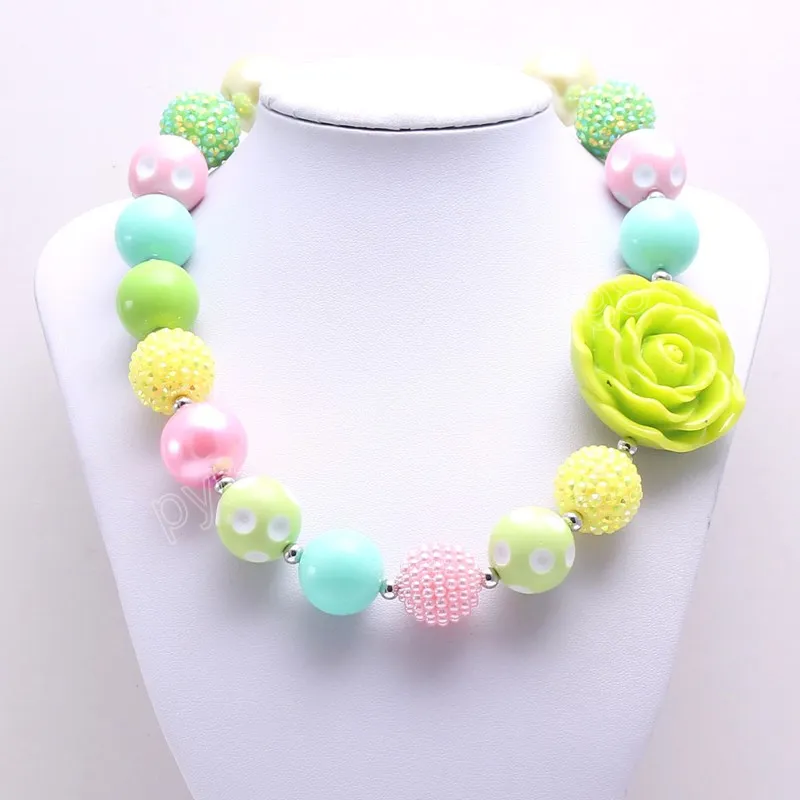 Baby Kinder Acrylfarben Perlen Halskette See blau+grün Rose Blume Chunky Bubblegum Halskette Kinder Party Geschenk handgemachter Schmuck