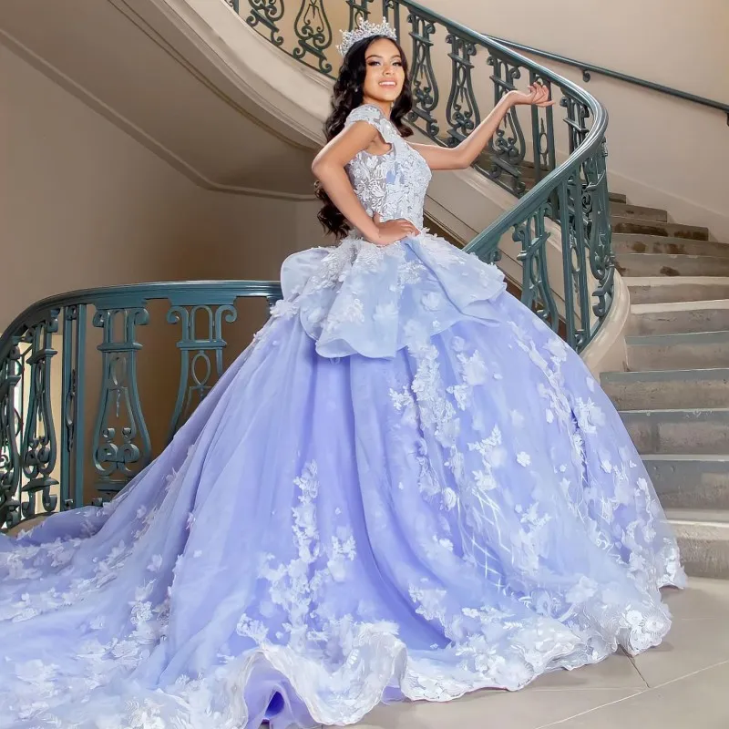 Meeresblaue Applikationen mit Perlen verziert, 3D-Blumen-Quinceanera-Kleider, süße, ärmellose Ballkleid-Kleider, elegant mit Schleppe, Plus-Size-Vestidos