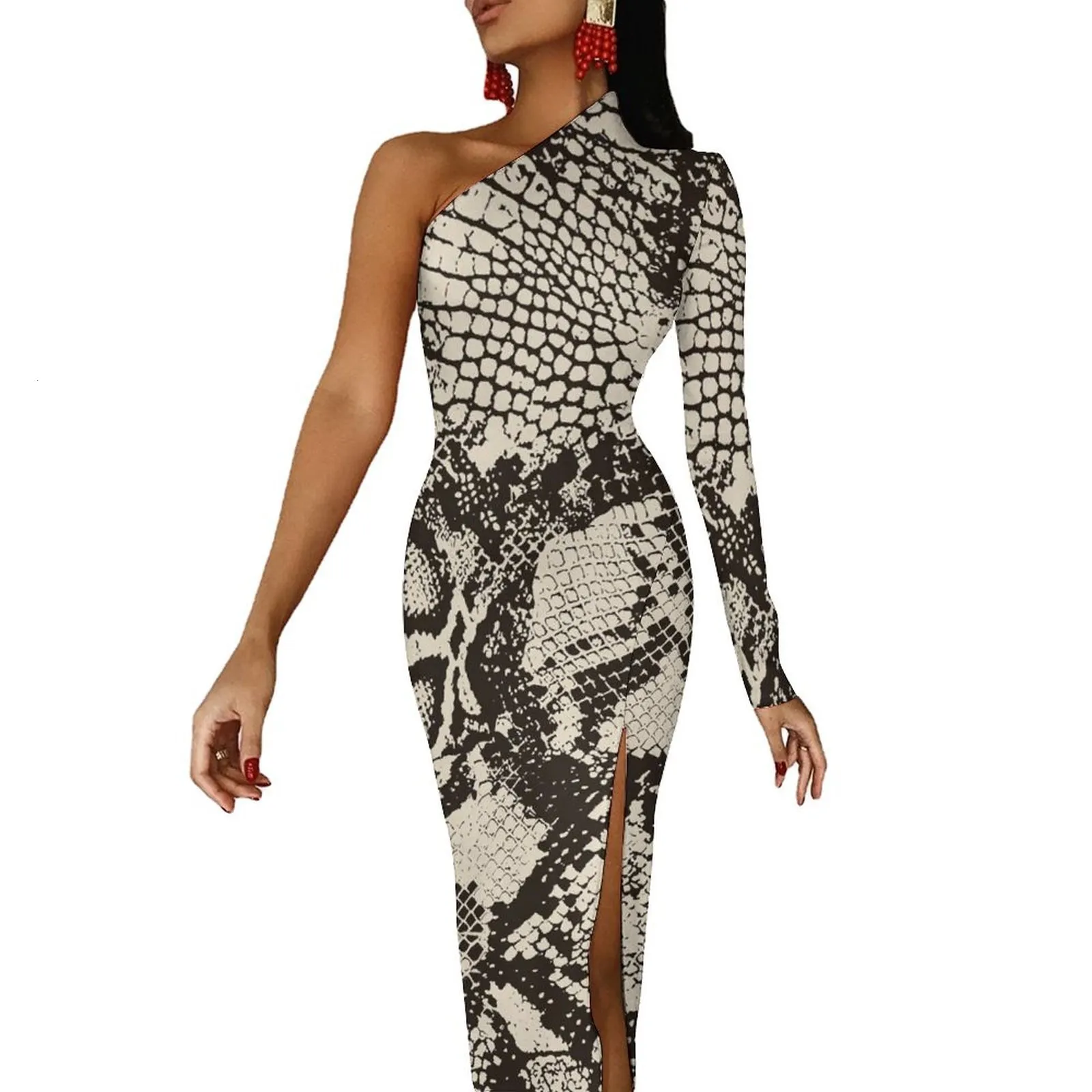 Grundläggande casual klänningar Snakeskin Bodycon klänning Spring Grays and Silvers Print Night Club Side Split Long Sleeve Custom Party 230701