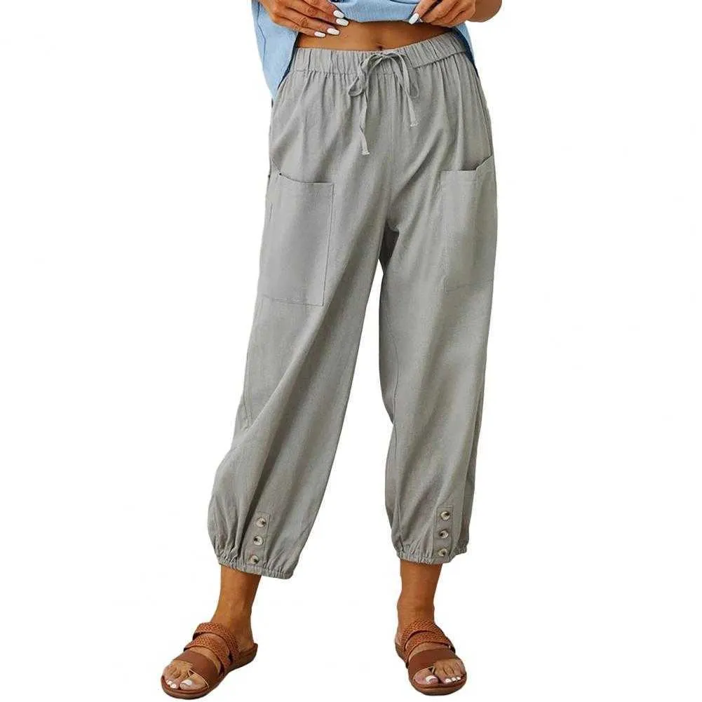 Pantalon Capris Pantalon d'été pour femme élastique couleur unie jambe large poche plaquée décontracté vêtements de tous les jours brossé taille haute 9ème place dans la mode féminine HDK230703