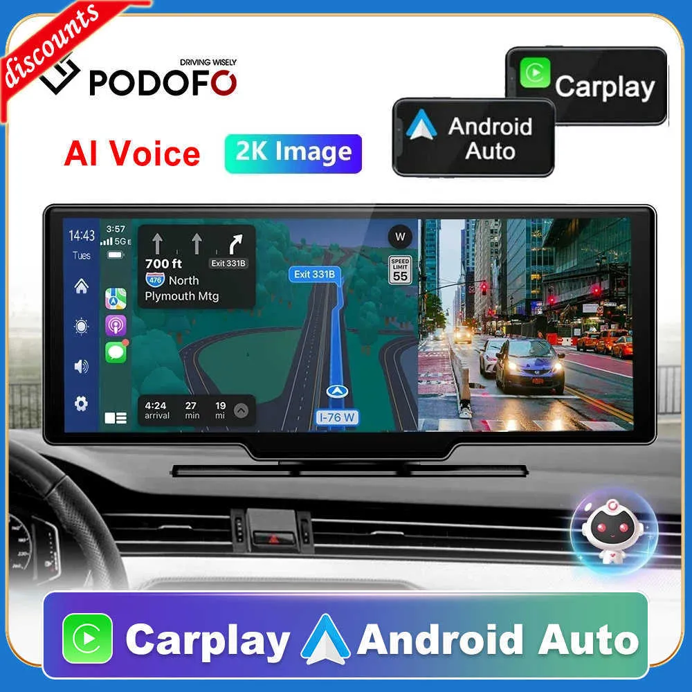Autoradio Portatile Podofo 8.1" Con CarPlay & Android Auto Wireless + Dashcam 4K E Telecamera Posteriore - Bluetooth, Mirror Link, 64GB Inclusa