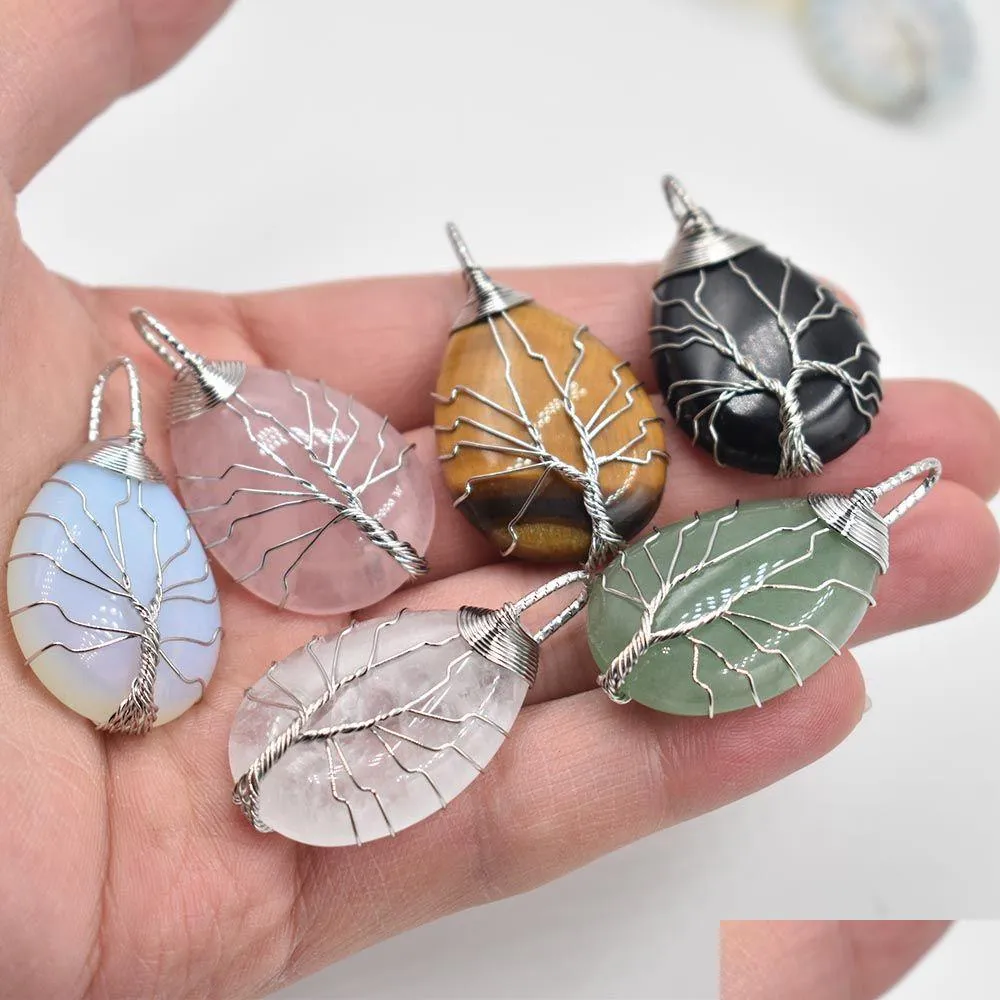 Charms Natural Stone Healing Crystal Tree Of Life Pendants Rose Quartz Wire Wrapped Trendy Jewelry Making Wholesale Drop Delivery Fi Dh4Wf