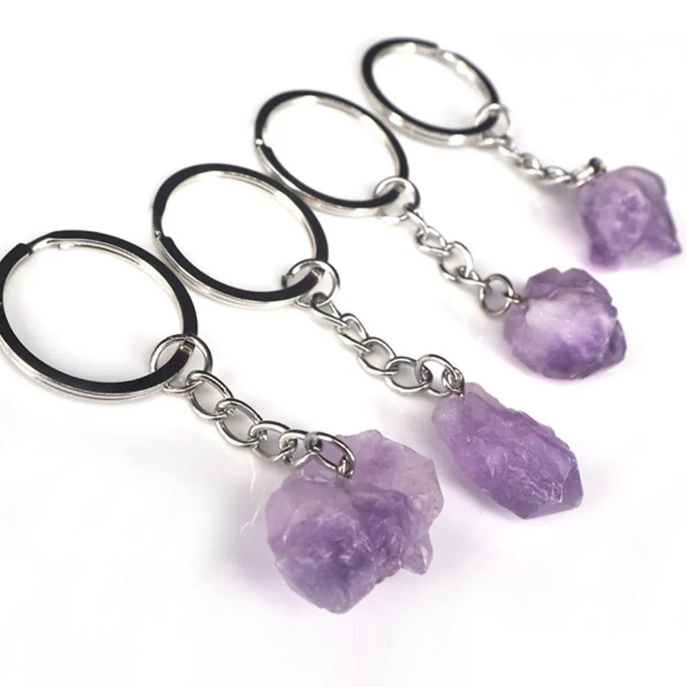 Schlüsselanhänger Natürliche Amethyst Rohstein Schlüsselanhänger Heilkristall Mineral Probe Handtasche Schlüsselanhänger Anhänger Zubehör Drop Lieferung J Dhwrg