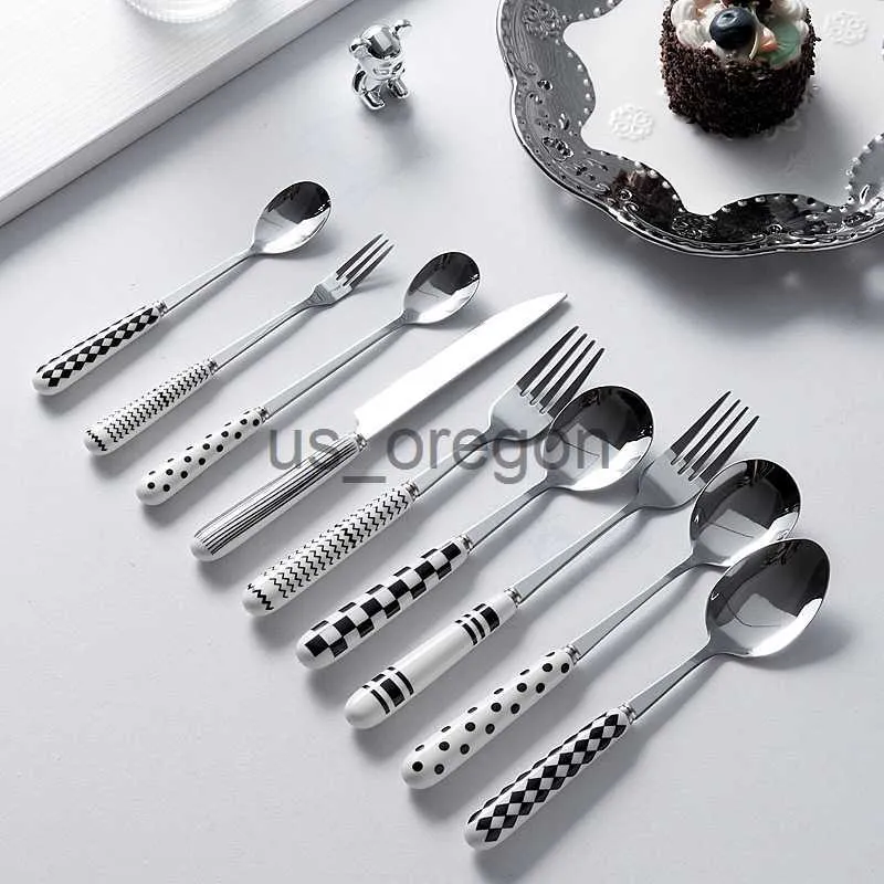 Dinnerware Sets Household Knife Fork Spoon Creative Geometry Wave Point Ceramic Handle Stainless Steel Tableware Highgrade Fruit Knife and Fork x0703