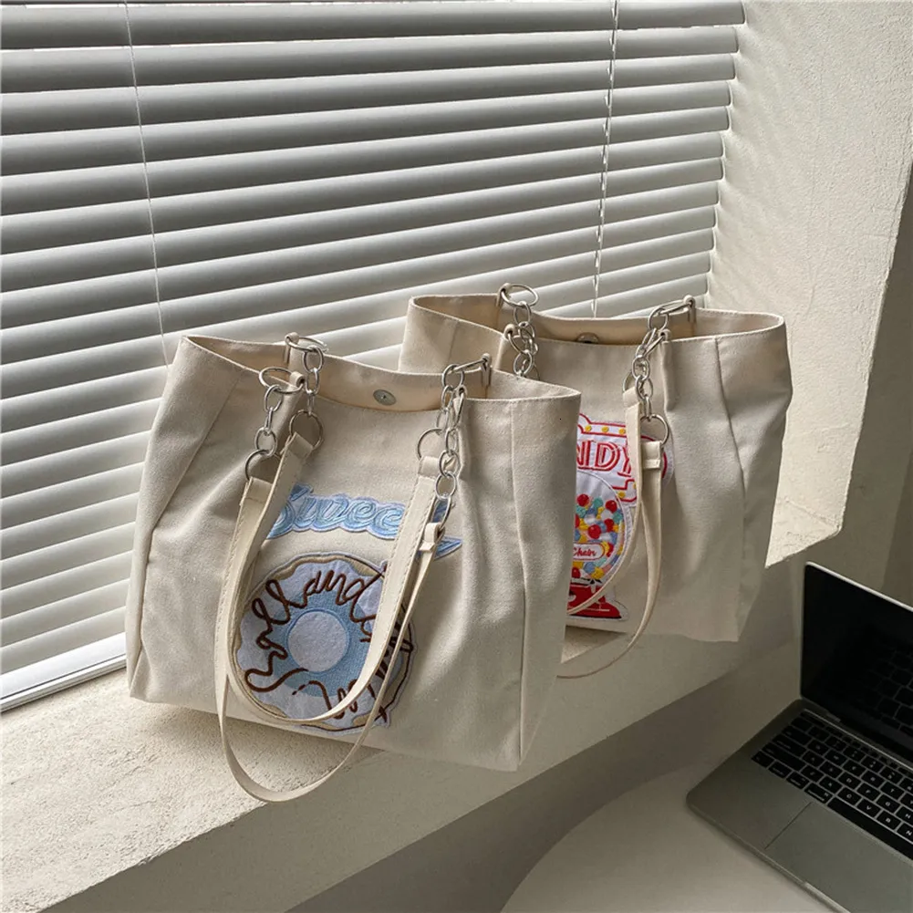 Shopping Bags Women Canvas Shoulder Bag for Students Teens Girls Ladies Casual Handbag Pink Embroidery Tote Large Capacity Shopping Beach Bag 230703