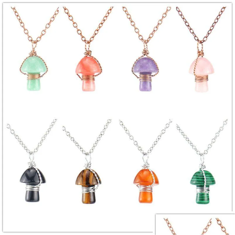 Pendentif Colliers Lots Fil Enroulé Sculpture Champignon Reiki Guérison Cristal Oeil De Tigre Quartz Rose Opale Aventurines Collier Pour Femmes Je Dhqwl