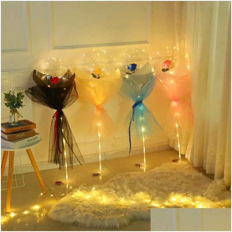 Inne świąteczne zapasy imprezowe LED LUMINY BALLON ROSE Rose Buquet Transparent Flashing Light Bobo Ball Decor Birthday Decor Walentynki Wedd Dht2f