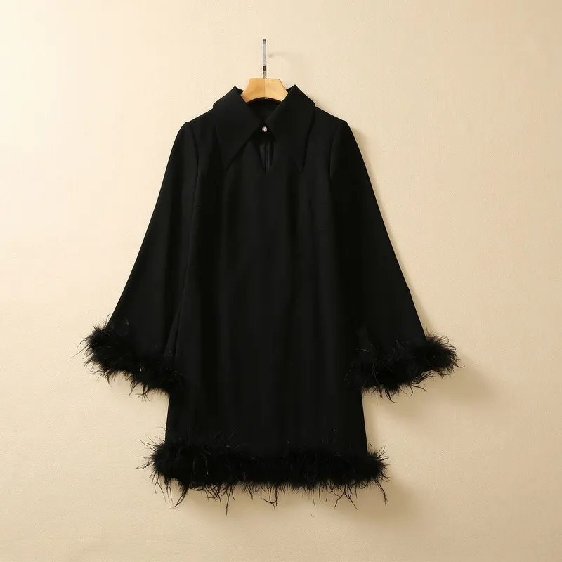 2023 Autumn Black Solid Color Panel Panel Feather Dress Green Long Sleeve Lapel Neck Korta Casual Dresses S3Q020628