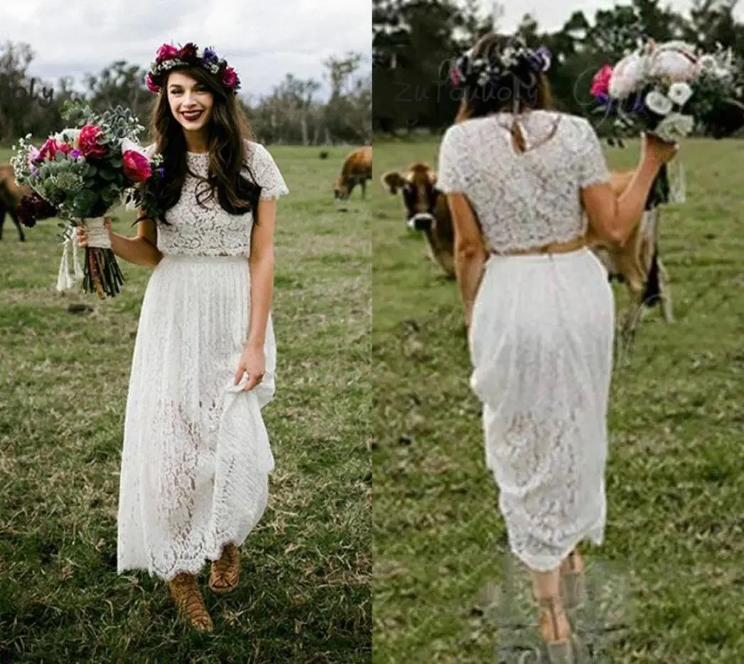 2023 Lace Wedding Dresses Bridal Gown Two Piece Short Sleeves Jewel Neck Ankle Length Custom Made Plus Size Garden Country Vestidos de novia