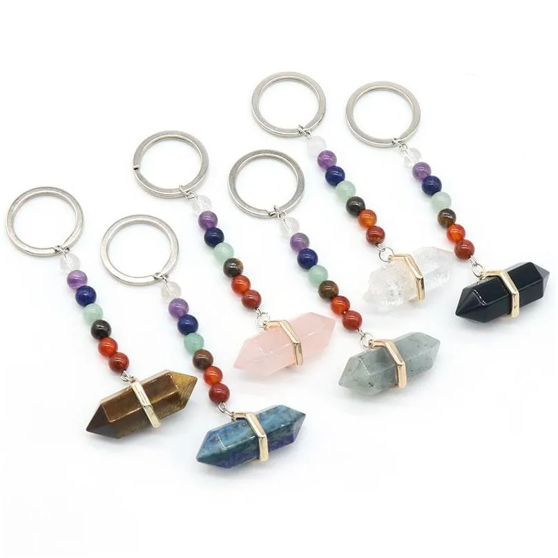 Nyckelringar 7 chakra pärlor charms naturlig sten pelare keyring mode healing reiki nyckelhållare boho smycken bil nyckelchain för kvinnor dro dhuwy