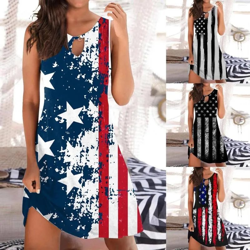 Casual Dresses Independence Day For Women's American 4th Of July Printed Boho Sundress Women Summer Dress Round Midi