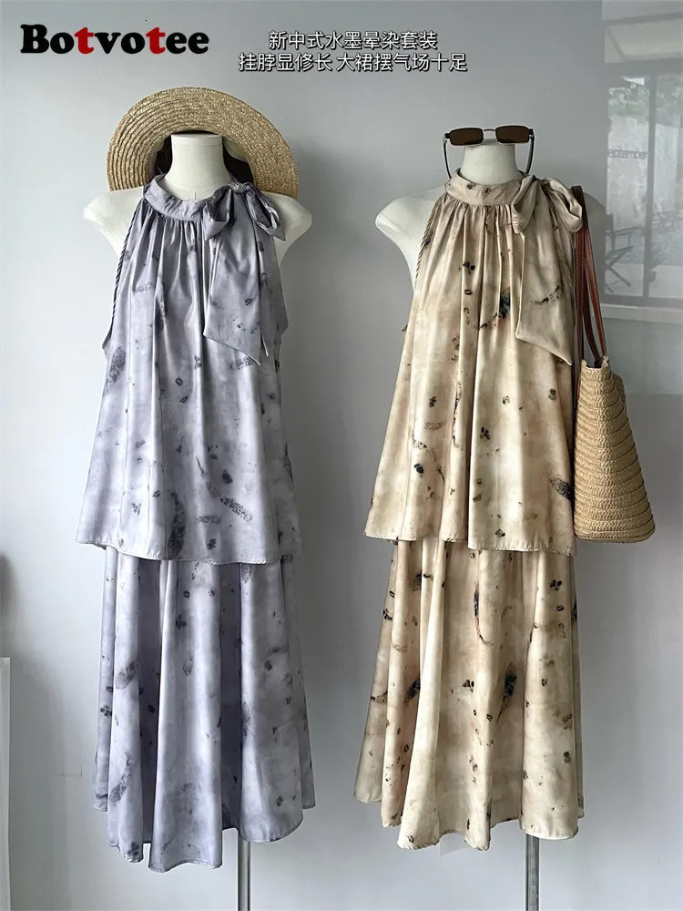 Two Piece Dress Botvotee Sets Womens Outifits Fashion Casual Sleeveless Loose Shirts Vintage High Waisted Midi Skirt 230630