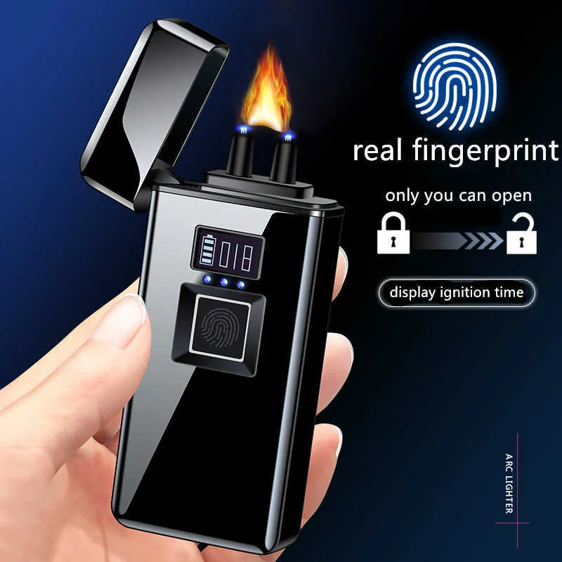 Real Fingerprint Luxo Big Arc Plasma USB 4 em 1 Smart Display Charge Chama Isqueiro Amigos Presentes 85I6