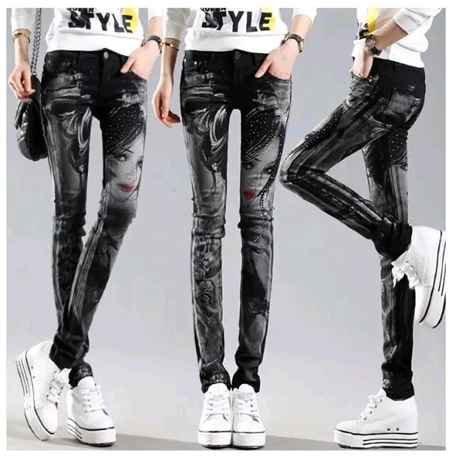 black long jeans woman casual pencil pants girl washed rhinestones drilling printing skinny 61152182