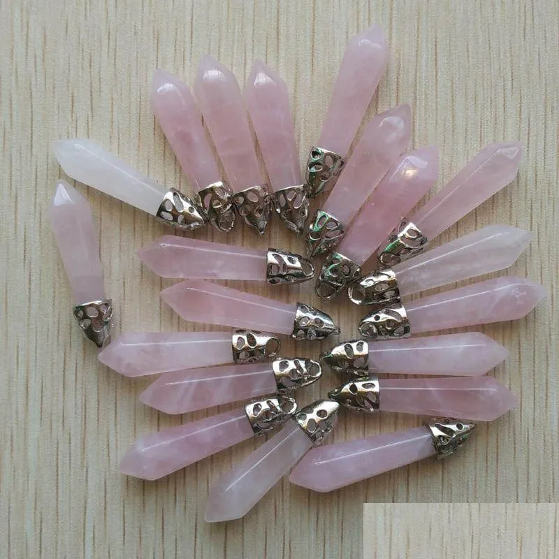 Charms Natural Stone Rose Quartz Pillar Pendum 10x32m Point Chakra Pendants For Smycken Making Wholesale Gold Wire Wrap Handmade Dro DHGBI