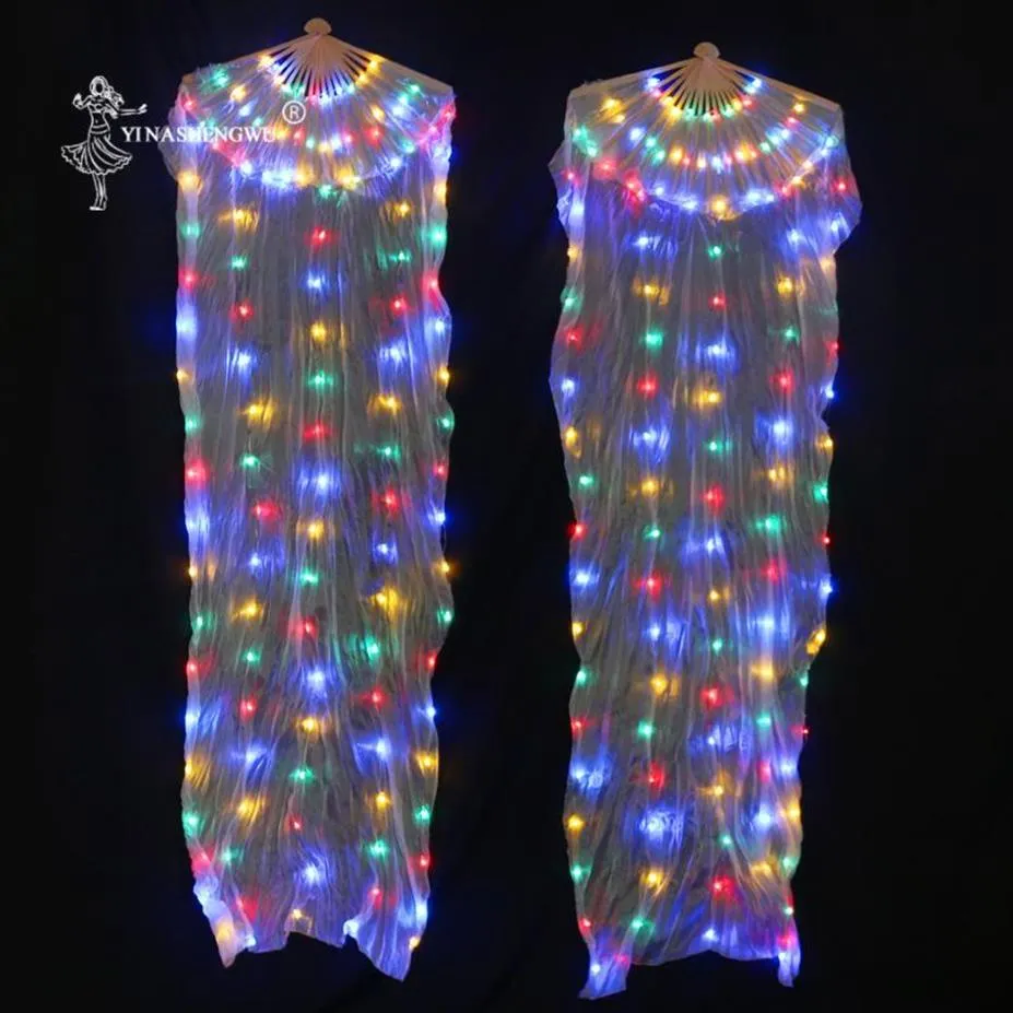 Scen Wear Colorful Led Fan Bone Mer Belly Dance Performance Silk Fans som lyser Rainbow 1 PC -par med batterier1939