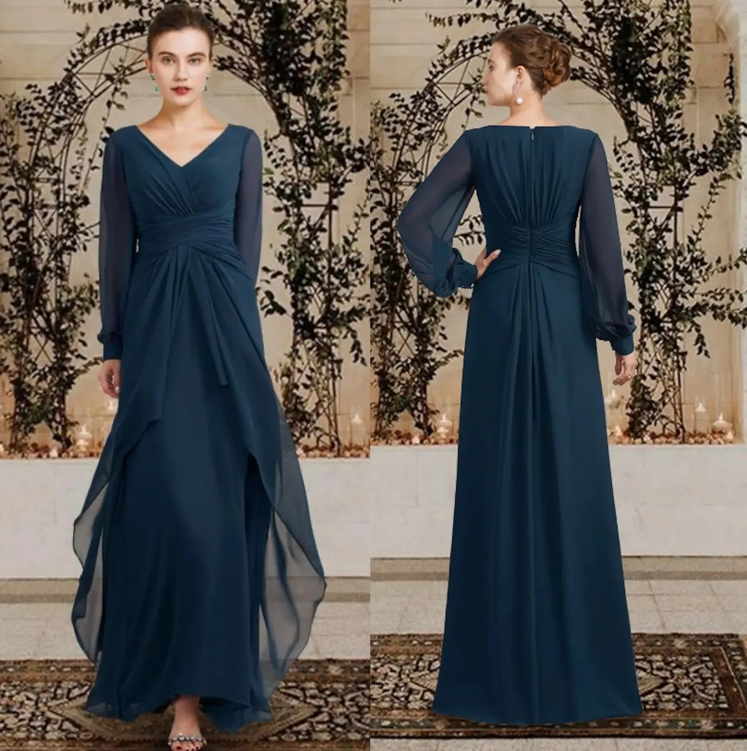 Abito per la madre della sposa a-line elegante scollo a V lunghezza del pavimento in chiffon manica lunga con volant arricciati abito da sposo per matrimonio taglie forti