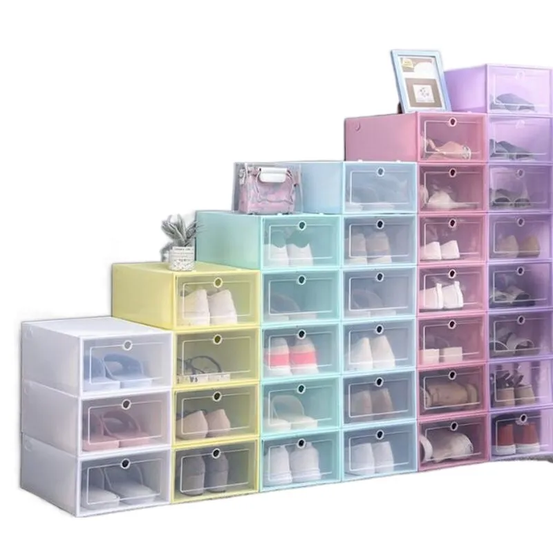 Boîte à chaussures en plastique anti-poussière Sneaker organisateur de stockage Flip Transparent talons hauts boîtes couleur bonbon empilable chaussures conteneurs étui