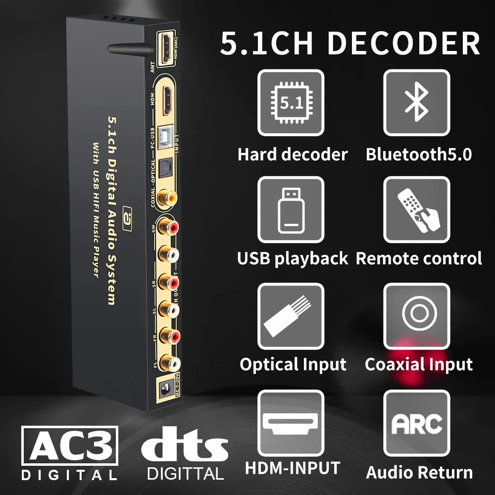 Mixer 5.1 Audio Decoder Bluetooth 5.0 DAC DTS AC3 FLAC 4K*2K HDMICOMPATIBLE ARC Extractor Converter Splitter SPDIF COAXIAL HD815BT