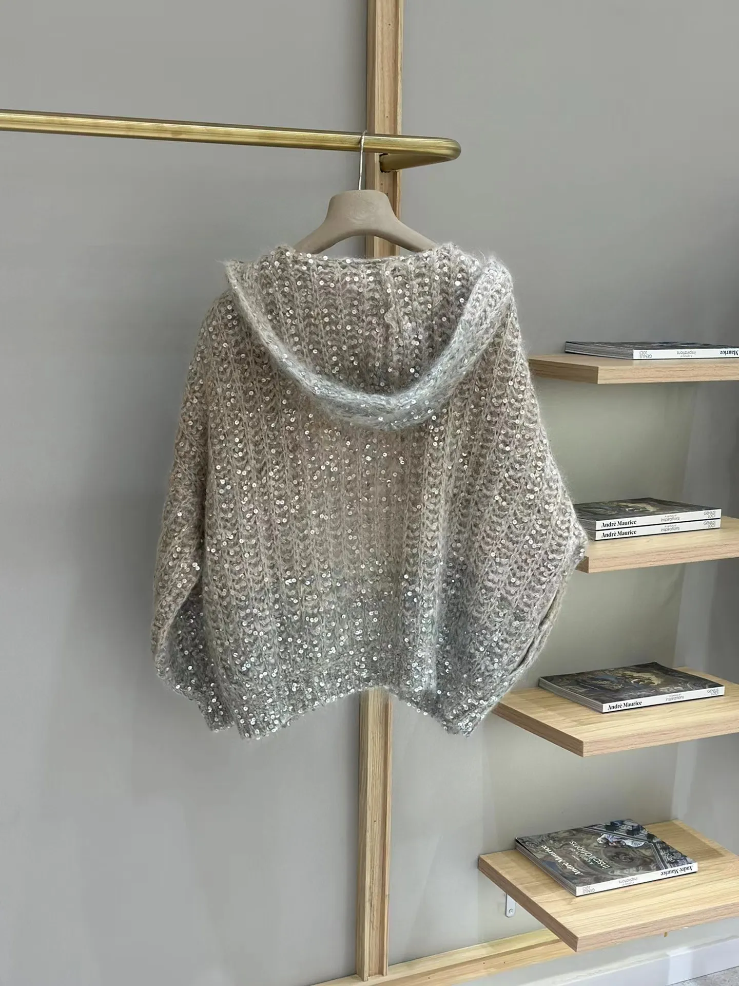 Jaquetas femininas com capuz inverno mangas compridas cashmere cardigãs de lantejoulas gradiente