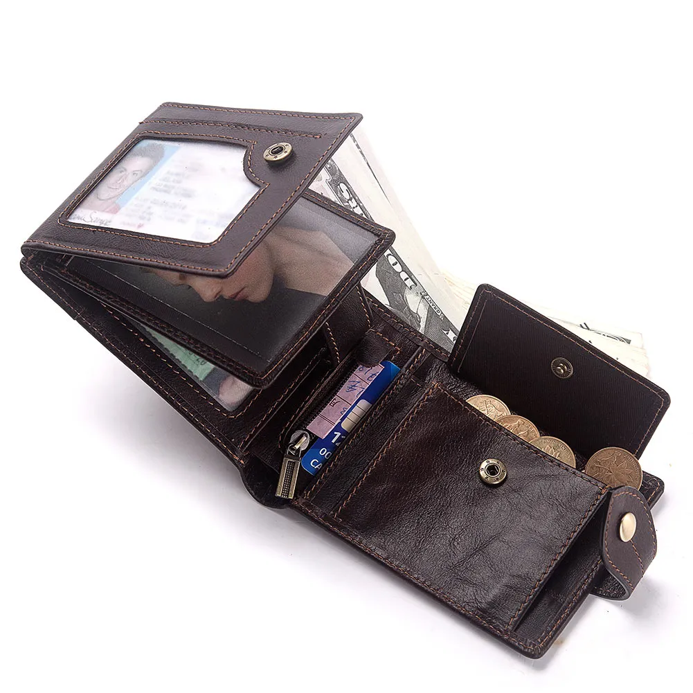 Herrplånbok i äkta läder med myntficka med dragkedja RFID-kreditkortshållare Plånböcker med ID-fönster Hög kvalitet