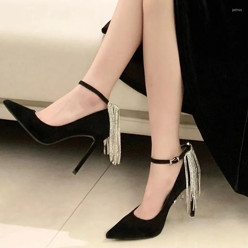 Dress Shoes 2023 Black Temperament Women's Pumps Shiny Rhinestone Tassel High Heels Sexy Pointed Toe Thin Heel Buckle Strap Single Shoe