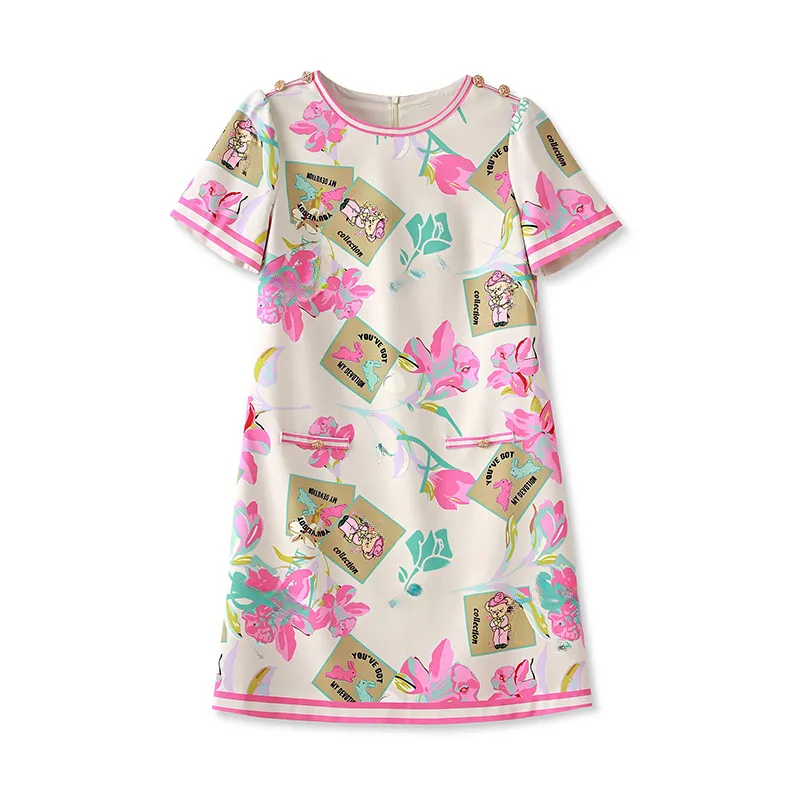 2023 Verão Rosa Caricatura Vestido com estampa floral Manga curta Decote redondo na altura do joelho Vestidos casuais W3L046409