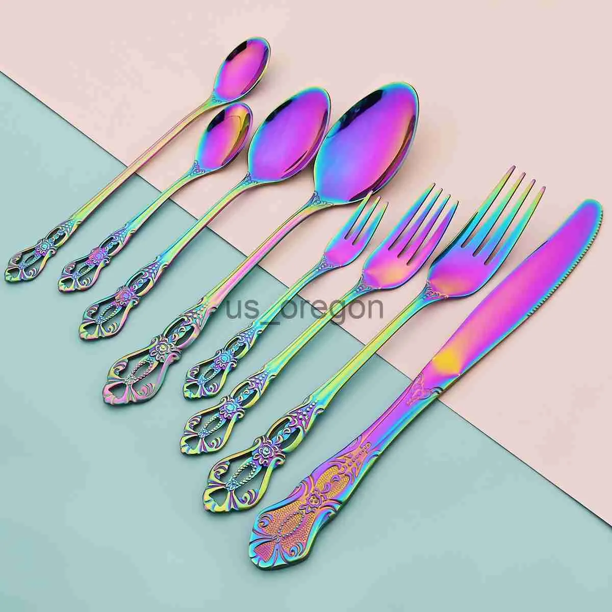 Ensembles de vaisselle Ensemble de vaisselle rétro en acier inoxydable Ensemble de couverts colorés Couteau Fourchette Cuillère à thé Cuillère à remuer Vaisselle Couverts de cuisine occidentale x0703
